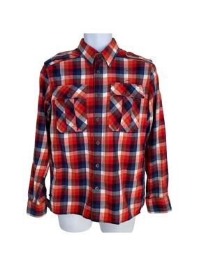 G-Star Raw Men’s Red Blue Plaid Button-Up Shirt Epaulets Size M Streetwear
